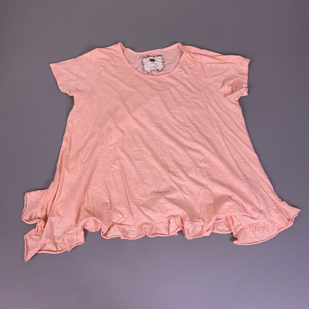 Cupio Blouse Top Plus Woman Size 1X Peach Pink Slub Knit Ruffle Hem Short Sleeve